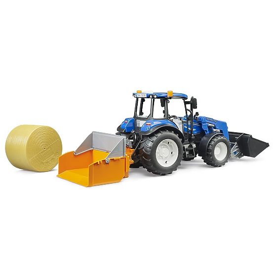 Bruder Traktor New Holland T5.120 z ładowaczem czołowym, skrzynią, widłami i okrągłym balem