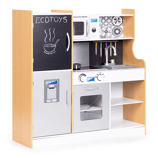 Drewniana kuchnia dla dzieci z dźwiękiem i tablicą kredową LED metalowe akcesoria MDF +3 lata ECOTOY