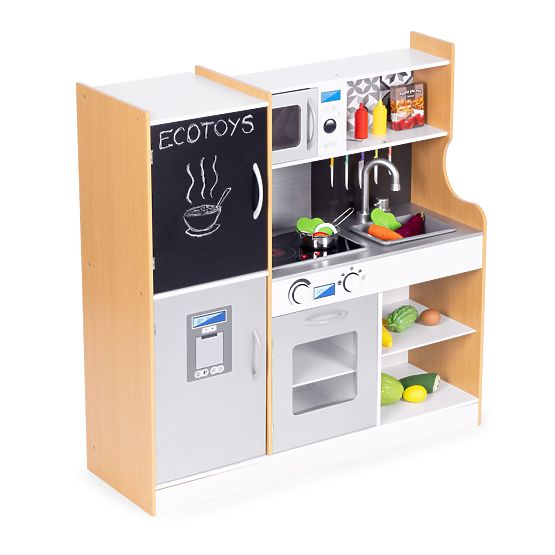 Drewniana kuchnia dla dzieci z dźwiękiem i tablicą kredową LED metalowe akcesoria MDF +3 lata ECOTOY