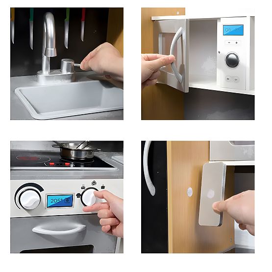 Drewniana kuchnia dla dzieci z dźwiękiem i tablicą kredową LED metalowe akcesoria MDF +3 lata ECOTOY