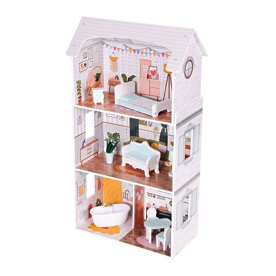 Domek dla lalek Alice 3 piętra 4 pokoje zestaw 9 mebli ECOTOYS