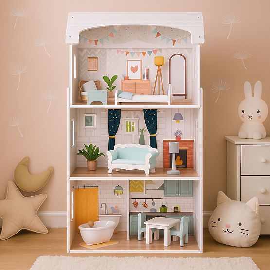 Domek dla lalek Alice 3 piętra 4 pokoje zestaw 9 mebli ECOTOYS