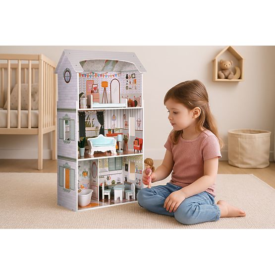 Domek dla lalek Alice 3 piętra 4 pokoje zestaw 9 mebli ECOTOYS