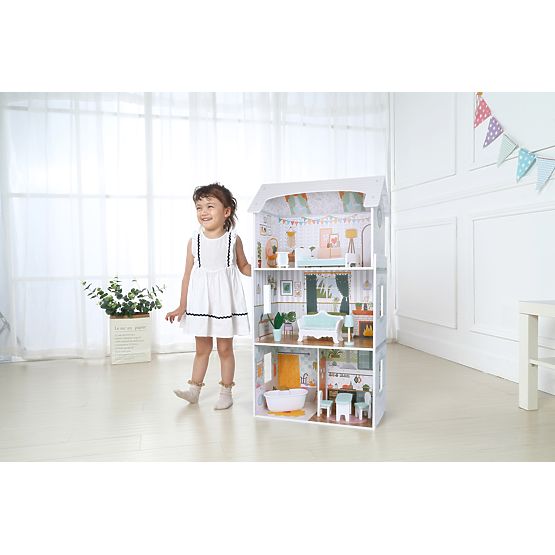 Domek dla lalek Alice 3 piętra 4 pokoje zestaw 9 mebli ECOTOYS