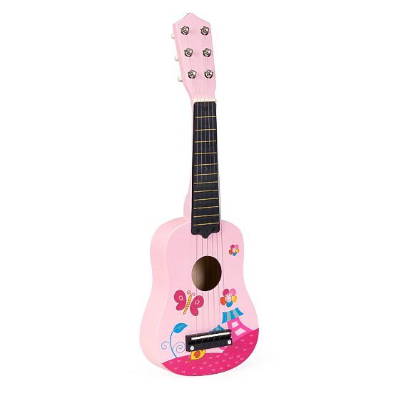 Drewniana gitara dziecięca metalowe struny kostka różowa ECOTOYS