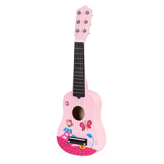 Drewniana gitara dziecięca metalowe struny kostka różowa ECOTOYS
