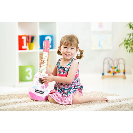 Drewniana gitara dziecięca metalowe struny kostka różowa ECOTOYS