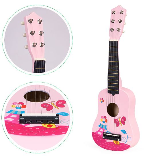 Drewniana gitara dziecięca metalowe struny kostka różowa ECOTOYS