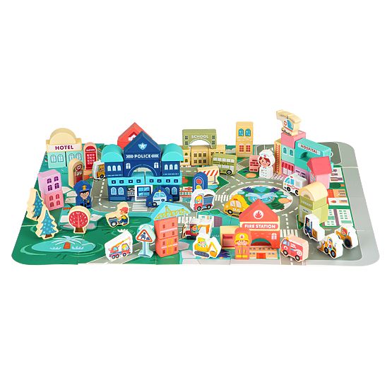 Drewniane edukacyjne klocki miasto z matą 121 elementów ECOTOYS