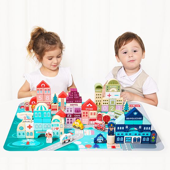 Drewniane edukacyjne klocki miasto z matą 121 elementów ECOTOYS
