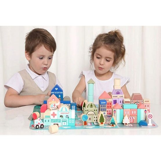 Drewniane edukacyjne klocki miasto z podkładką 115 sztuk ECOTOYS