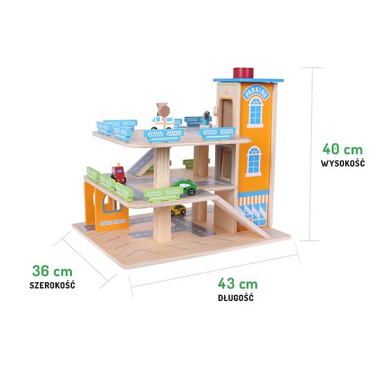 Drewniany garaż z samochodami i windą