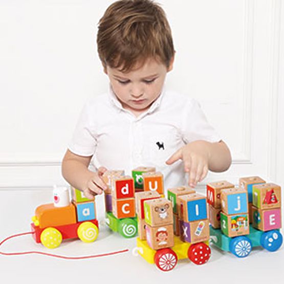 Drewniany pociąg duże edukacyjne klocki alfabet ECOTOYS