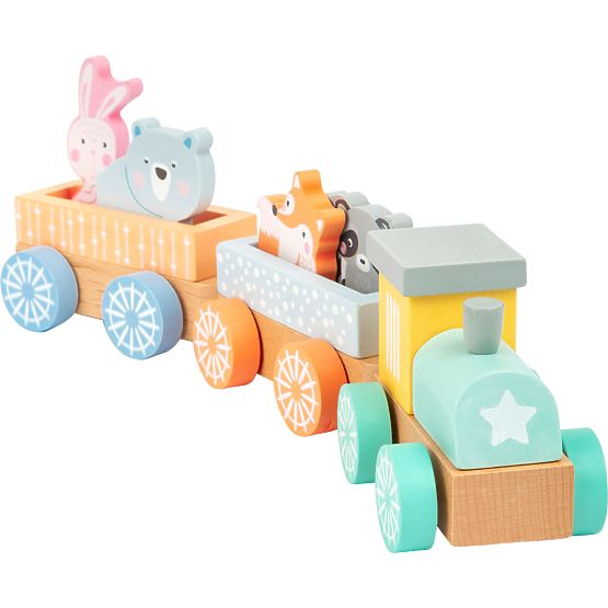 Drewniany tren Mała Stopka w pastelowych kolorach