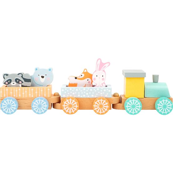 Drewniany tren Mała Stopka w pastelowych kolorach