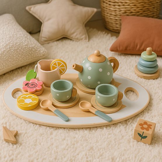 Drewniany zestaw do herbaty czajniczek filiżanki 14 sztuk ECOTOYS