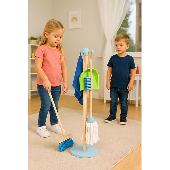 Drewniany zestaw do sprzątania dla dzieci mop zmiotka z szufelką 7 elementów ECOTOYS