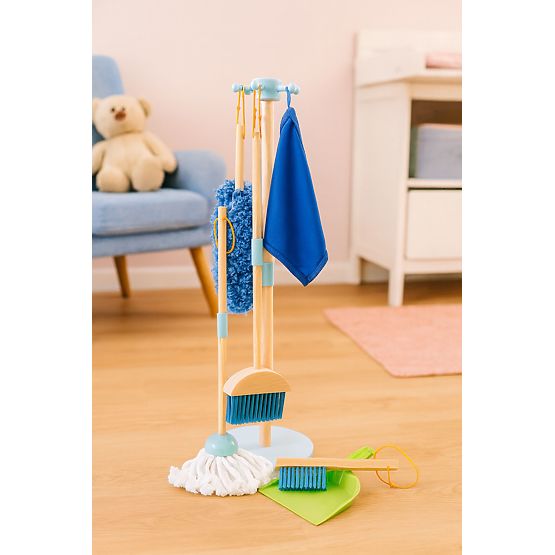 Drewniany zestaw do sprzątania dla dzieci mop zmiotka z szufelką 7 elementów ECOTOYS