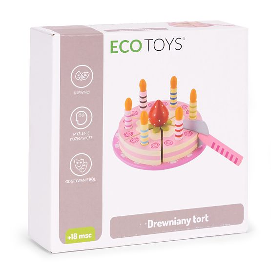 Drewniany zestaw tortu na rzep świeczki truskawka dla dzieci 15 elementów ECOTOYS