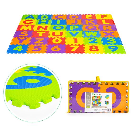 Duża piankowa mata EVA dla dzieci litery cyfry 178x178 cm 36 sztuk ECOTOYS