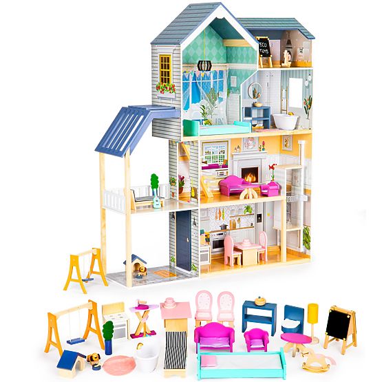 Duży drewniany domek dla lalek 138 cm Rezydencja Maya 28 szt. ECOTOYS