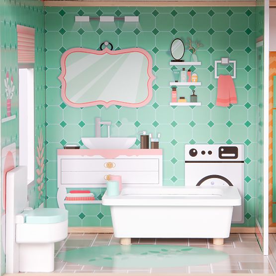 Duży drewniany domek dla lalek z ruchomą windą i meblami ECOTOYS