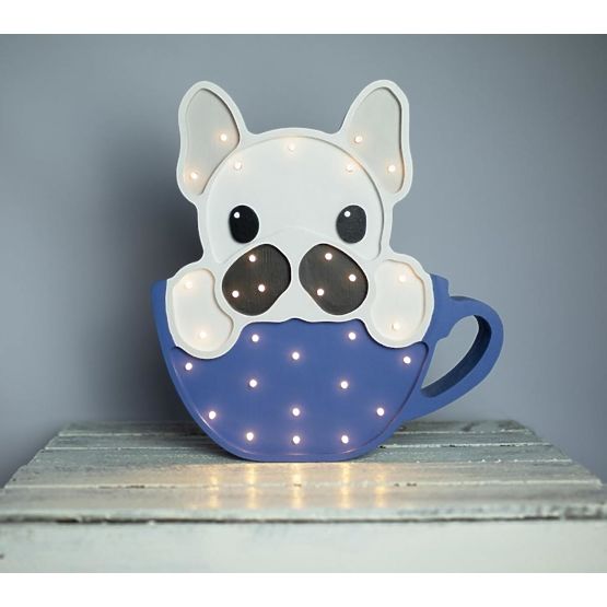 Dziecięce drewniane lampa LED lampa Buldog w kubek - niebieskie