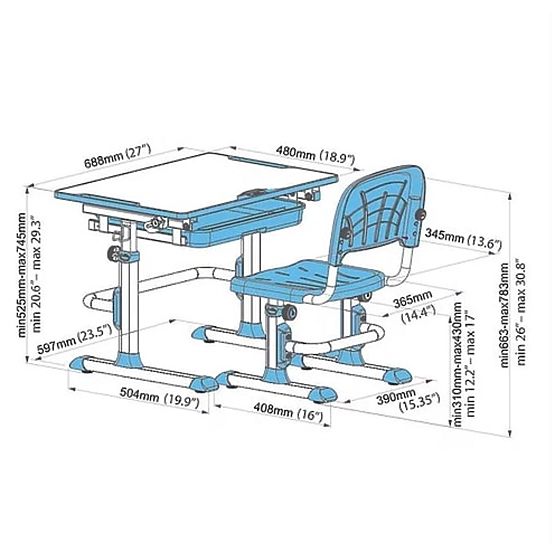 Dziecięcy pisanie stół + krzesło Cubby Lupin - niebieski