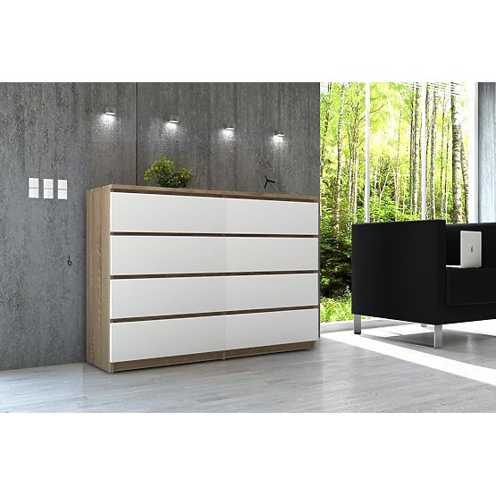 KOMODA K 120 cm 8 SZUFLAD PK SONOMA / BIAŁA