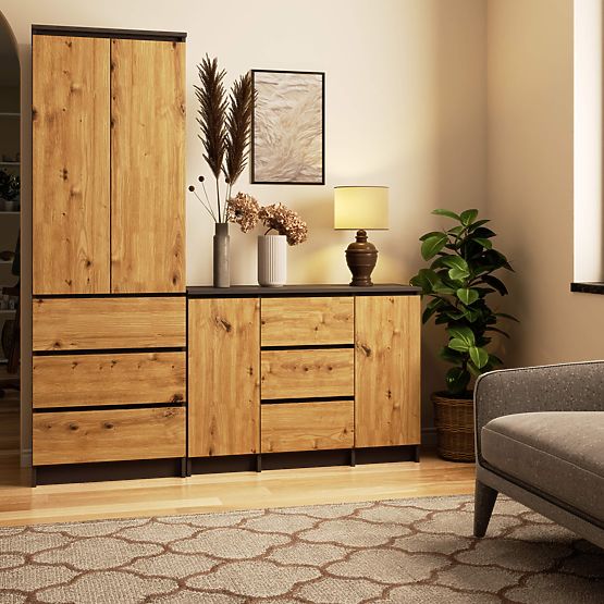 KOMODA K100 2D 3SZ PK GRAFIT SZARY / DĄB ARTISAN