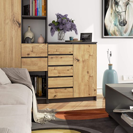 KOMODA K80 1D 5SZ PK GRAFIT SZARY / DĄB ARTISAN