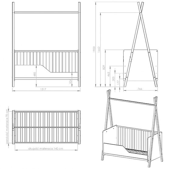 Łóżeczko dziecięce Teepee 140x70 cm (L) - białe / naturalne