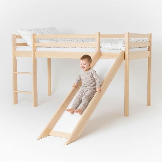 Dziecięce podwyższone łóżko Ourbaby Modo z zjeżdżalnią - sosna
