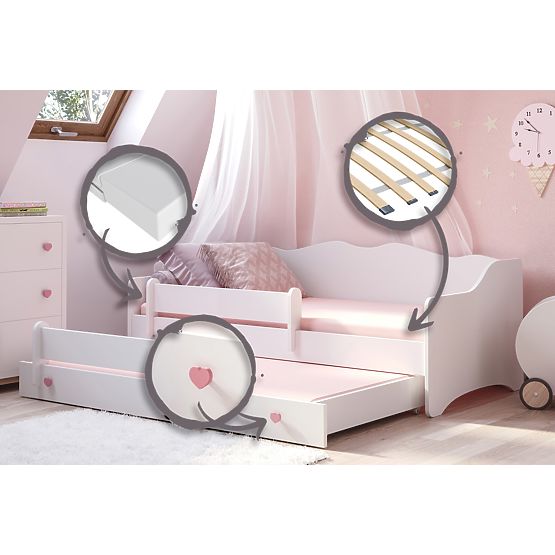 Łóżko podwójne EMMA z szufladą i barierką 160x80 różowa rączka