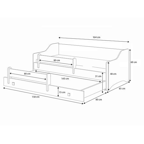 Łóżko podwójne ERYK z szufladą i barierką 160x80 czarna rączka