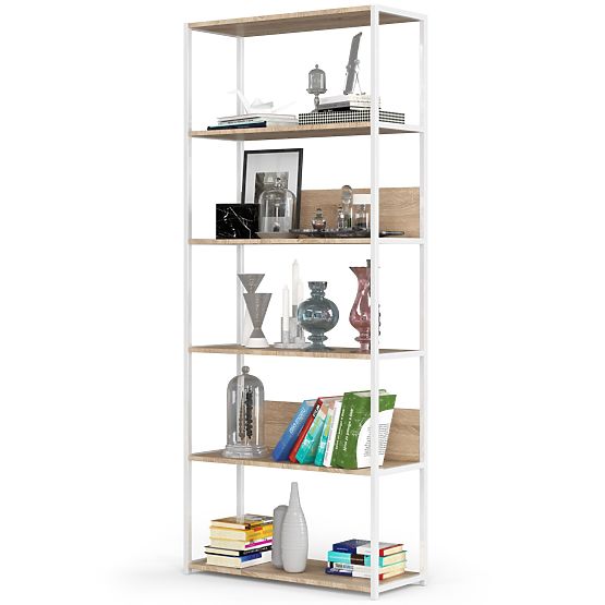 Metalowy regał loftowy 80 cm - biały-dąb sonoma - 6 półek