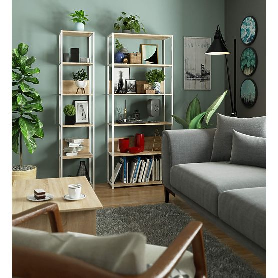 Metalowy regał loftowy 80 cm - biały-dąb sonoma - 6 półek