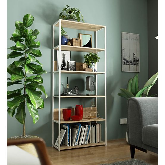 Metalowy regał loftowy 80 cm - biały-dąb sonoma - 6 półek