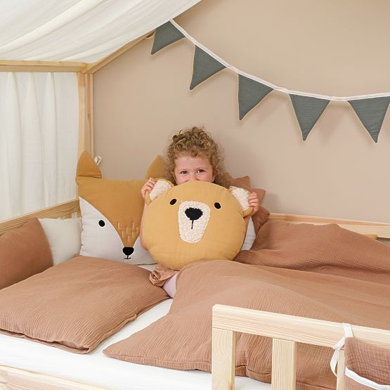 Muślinowa poduszka Ourbaby Ø 35 cm Miś - musztardowy