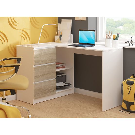 NAROŻNE BIURKO B16 124 cm LEWE 3 SZUFLADY PK BIAŁY / SONOMA