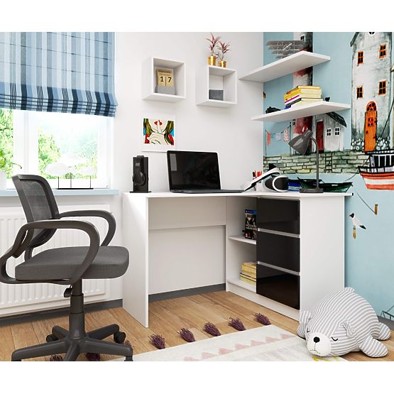 NAROŻNE BIURKO B16 124 cm PRAWE 3 SZUFLADY PK BIAŁY / CZARNY POŁYSK