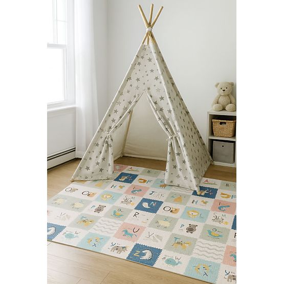 Piankowa mata dla dzieci 200x180 cm edukacyjna dwustronna składana miarka wzrostu alfabet ECOTOYS