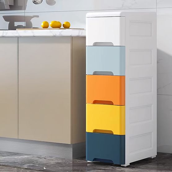 Regał z 5 wysuwanymi szufladami, nogi z kółkami ModernHome
