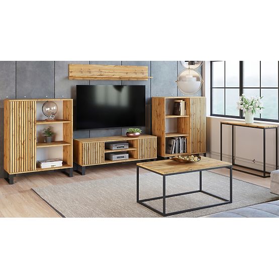 Regał szafa Fondi dąb craft złoty - czarny, dekor lamelowy