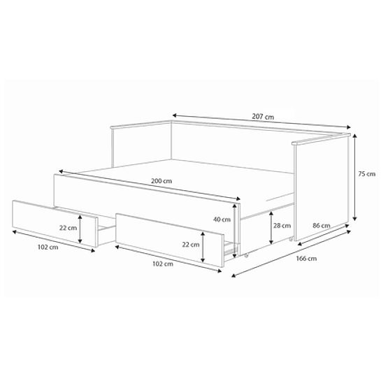 Rozkładane łóżko HELIOS z panelami tapicerowanymi grafit 200x80/200x160