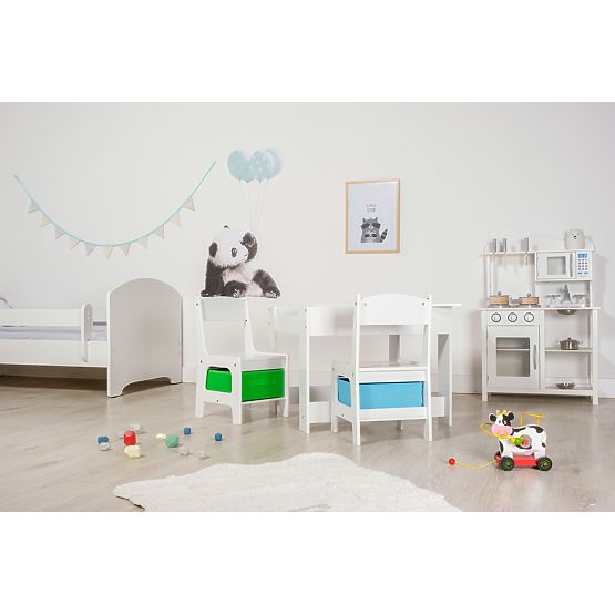 Ourbaby dziecięcy stół z krzesłami z niebieskim i zielonym pojemnikiem