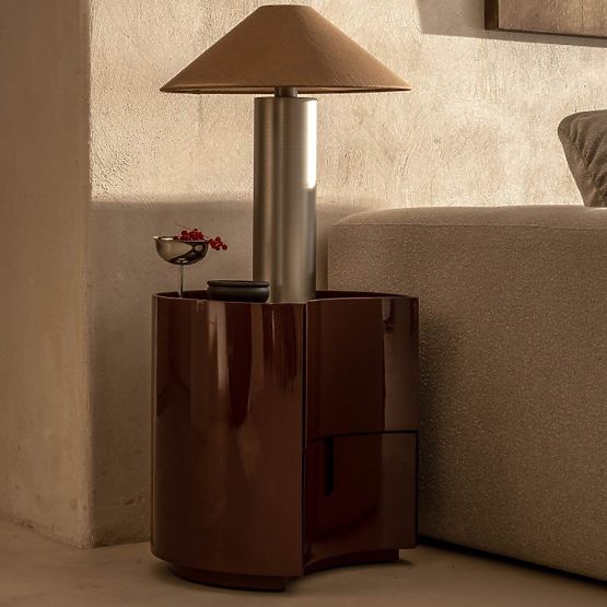 Szafka nocna z szufladami Vena, bordowa/brązowa, zaokrąglona, błyszcząca