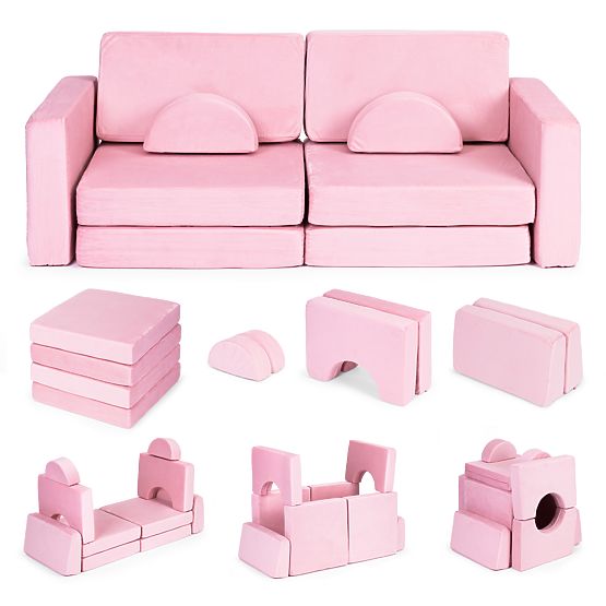 Duża modułowa składana sofa dla dzieci dla 2 osób DIY 10 miękkich poduszek - różowa ECOTOYS