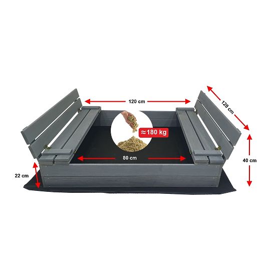 Zamykana piaskownica z ławkami 120x120 cm - szara