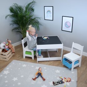 Stół dziecięcy Ourbaby z krzesełkami z niebieskim i zielonym pojemnikiem